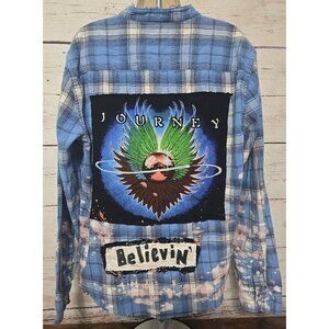 OOAK Upcycled Flannel Shirt Jacket Journey Rock Band Graphic Tee Boyfriend Large